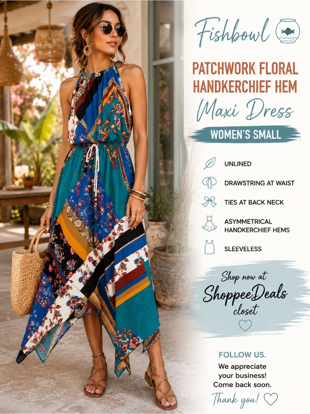 Fishbowl Patchwork Floral Handkerchief Hem Maxi Dress – Women’s Small